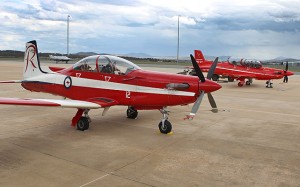A RAAF PC-9 and PC-21 HB-HZD in Canberra on February 22. (Paul Sadler)