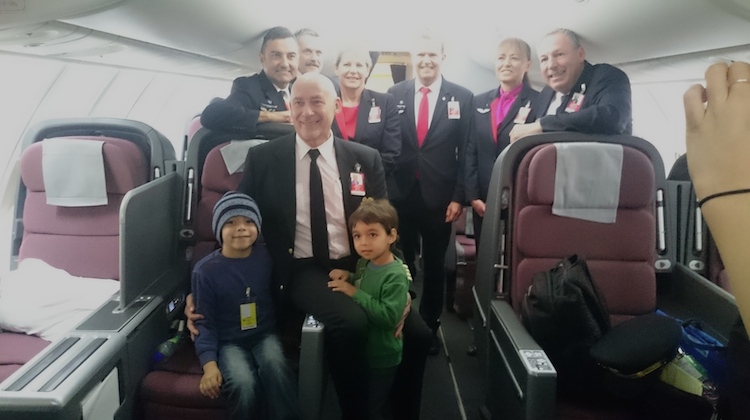 Captain Bryan Welch with some of the Qantas crew on board his final flight. (Karissa Welch)