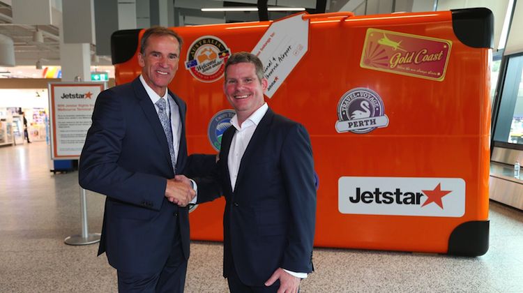 Melbourne Airport chief executive Lyell Strambi and Jetstar Aust/NZ chief executive David Hall. (Jetstar)