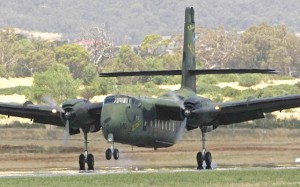 A4-140 touches down at Canberra at the end of the last RAAF Caribou flight. (Paul Sadler)