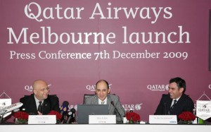 Qatar CEO Akbar Al Baker, centre, speaks at a press conference in Melbourne on Monday following the airline’s inaugural flight to Australia. He is flanked by Qatar Airways senior vice president commercial operations Marwan Koleilat, and Tim Holding, Victorian Minister for Tourism and Major Events.