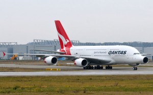 Qantas's sixth A380, VH-OQF, pictured in Hamburg in December. (Helmut Groening)