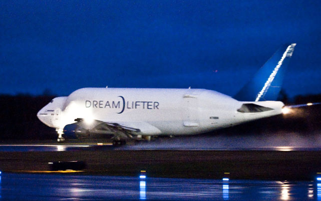 Dreamlifter – a heavy freight variant of the 747-400, built originally to transport larger components of the 787 from diverse manufacturers to the Boeing assembly lines. (Boeing)