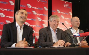 Virgin Blue Holdings chairman Neil Chatfield flanker by John Borghetti and Brett Godfrey at their March 2 press conference. (Andrew McLaughlin)