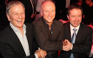 Former foes now friends - Brett Godfrey with former and current Qantas CEOs Geoff Dixon (left) and Alan Joyce (right). (Paul Sadler)