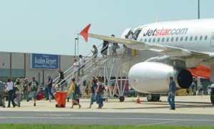 Jetstar passengers disembark at Avalon Airport.