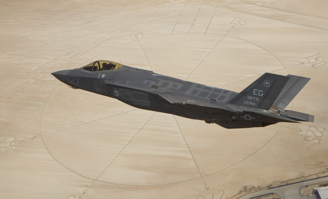 A file image of JSF development aircraft F-35A AF-6 over Edwards AFB.