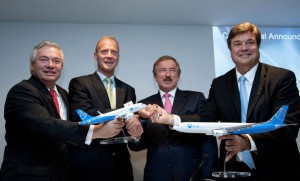 Airbus's John Leahy and Tom Endes with Air Lease Corp's Stephen Udvar-Hazy and xx.