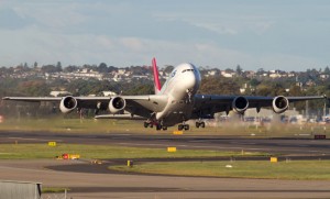 Qantas A380 VH-OQI takes off from Sydney. (Seth Jaworski)