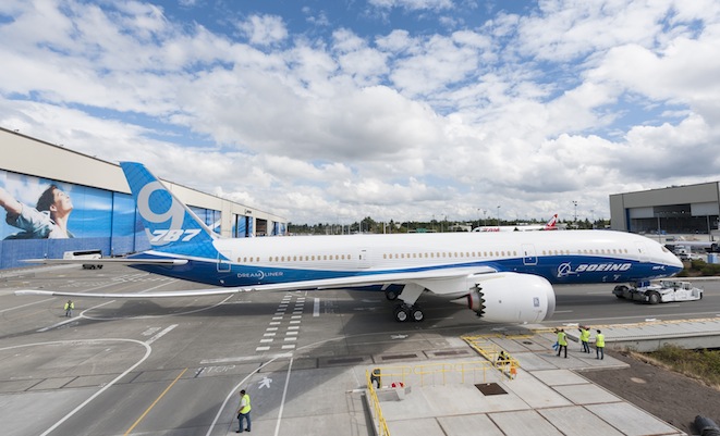 The 787-9 rolls out of the factory. (Boeing)