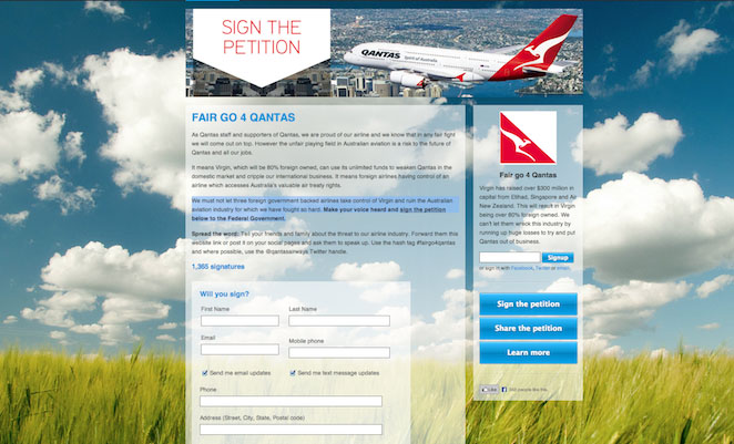 The Qantas petition website.