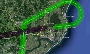Runway 24 Smart Tracking arrival flight path, shown in green, with current conventional arrival flight path to Runway 06 shown in red. (Airservices)