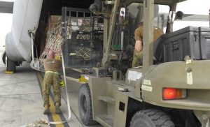 Cargo being loaded onto a Royal Australian Air Force C-130J Hercules on mission to South Sudan from Al Minhad Air Base in the United Arab Emirates.