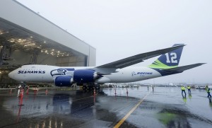 Boeing's test 747-8F receives a special Seattle Seahawks paint scheme. (Boeing)