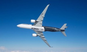 A350 MSN4 shows off its attractive carbon fibre livery and swept wing tips. (Airbus)