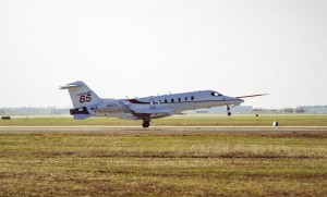 The Lear 85 lifts off on its maiden flight on April 9. (Bombardier)