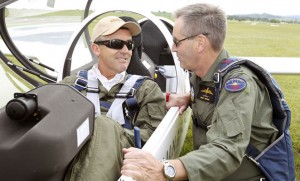 Darren Chester MP and Chief of Air Force AIRMSHL Geoff Brown prepare for a glider flight at the NAC opening. (Defence)