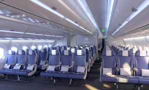 The nine-abreast economy class cabin on the A350 NSN002 cabin demonstrator. (Airbus)