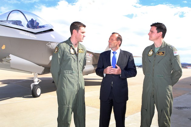 PM Abbott with the first RAAF pilots selected to fly the F-35. (Paul Sadler)