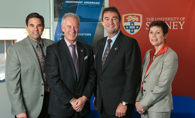 (l-r), Greg Chamitoff, Lawrence Hargrave Professor of Aeronautical Engineering; Archie Johnston; Ian Irving; and Mary Petryszyn, sector vice president and head of International, Northrop Grumman Aerospace Systems at the MoU signing. (Northrop Grumman)