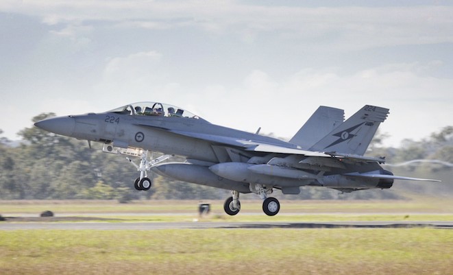 A JSOW armed Super Hornet takes off from Amberley. (Defence)