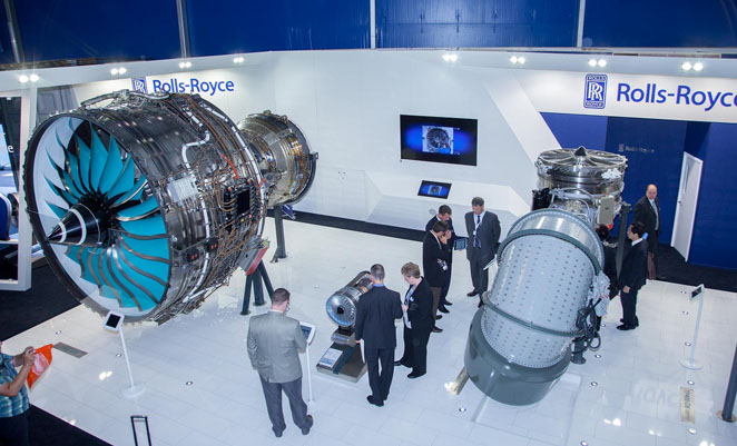 The Rolls-Royce stand at Farnborough features a Trent XWB mock up. (R-R)