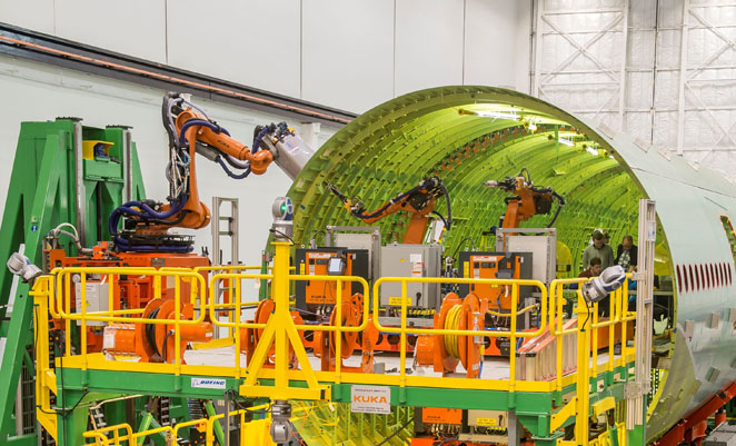 The developmental FAUB robot production in action at Boeing's Anacortes Facility. (Boeing)