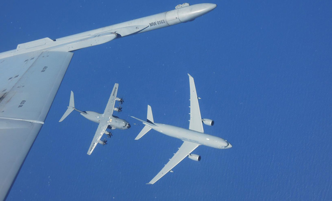 The Voyager and A400M as seen from the EF-18M chase plane. (Airbus Defence & Space)