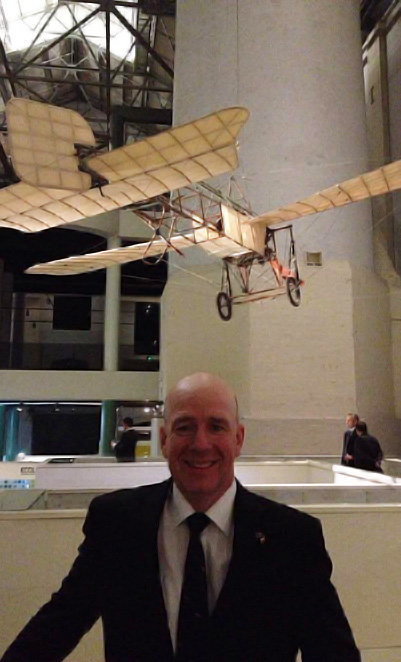 Owen Zupp in front of the original Bleriot XI monoplane used in the first airmail flight in 2014. (Owen Zupp)