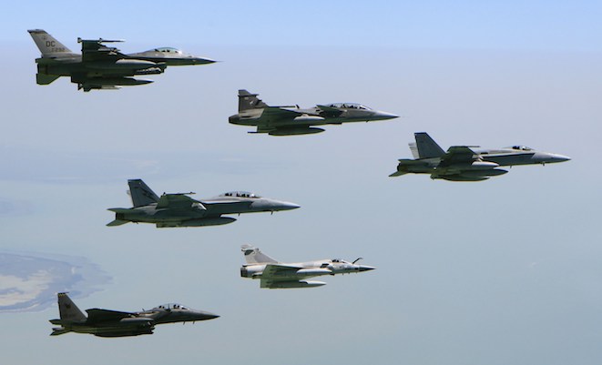Pitch Black fast jet participants: RAAF classic and Super Hornets flanked by UAE Mirage 2000, Thai Gripen, Singapore F-15SG and USAF F-16C. (Defence)