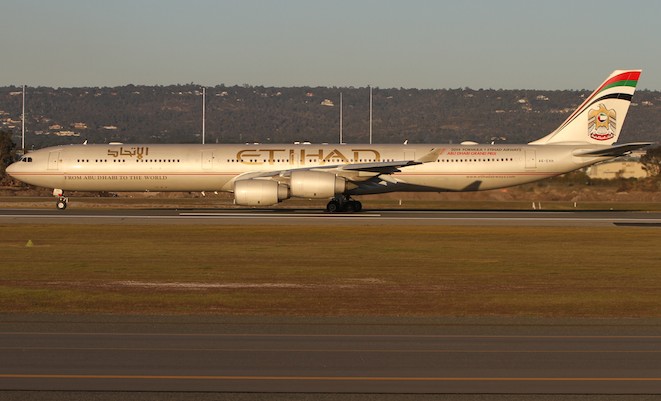 An Etihad A340-600 in Perth earlier this week. (Brenden Scott)