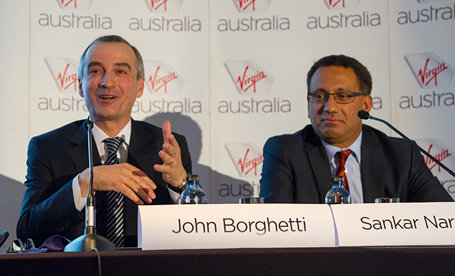 Virgin Australia CEO John Borghetti and CFO Sankar Narayan. (Seth Jaworski)