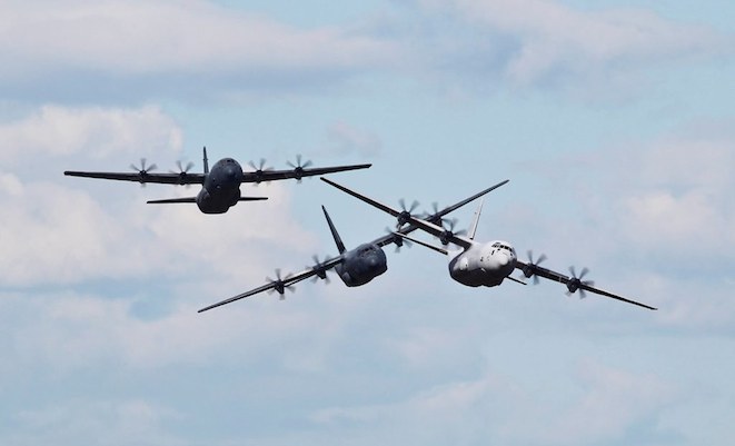 The three-ship C-130J formation over RAAF Base Richmond. (Defence)