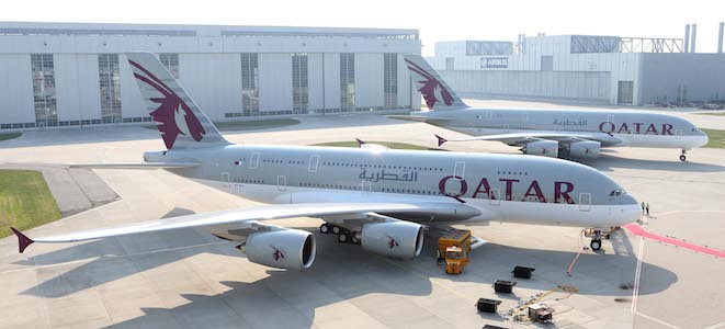 Qatar Airways first A380 at Airbus's facility in Hamburg (Qatar Airways)