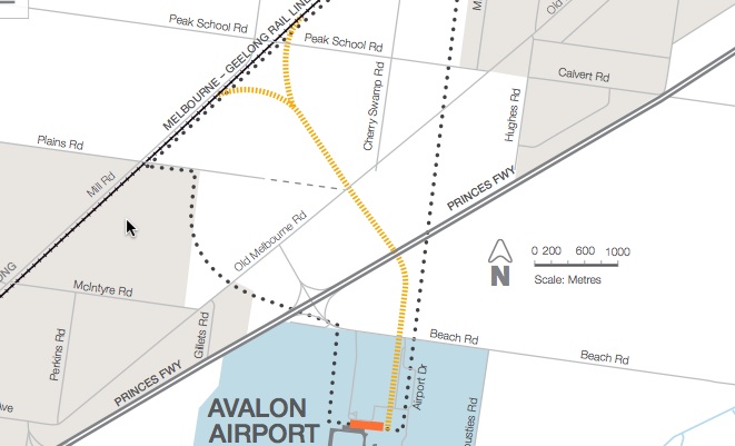 The preferred rail spur route to Avalon Airport. (Victorian Government)