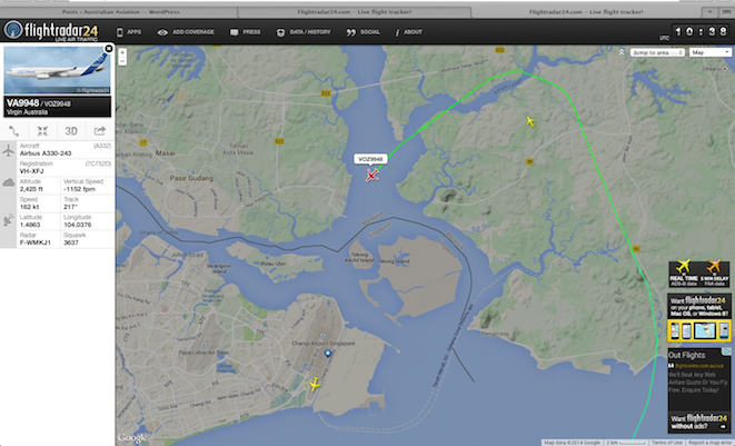Virgin Australia's VH-XFJ on approach to Singapore (Flightradar24.com)