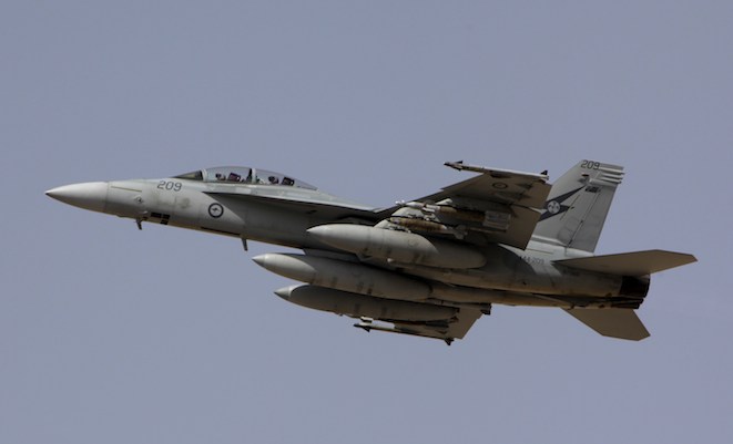 One of the two Super Hornets departs Al Minhad on the RAAF's first combat mission. (Defence)