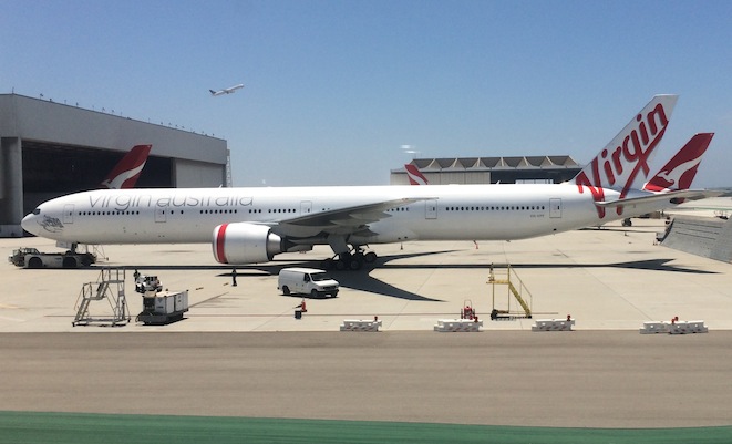 A file image of a Virgin Australia Boeing 777-300ER at Los Angeles Airport. 