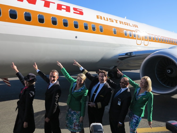 Qantas cabin crew with CFO Gareth Evans, Qantas ambassador John Travolta and Boeing's Dinesh Keskar, VP sales Asia Pacific & India.