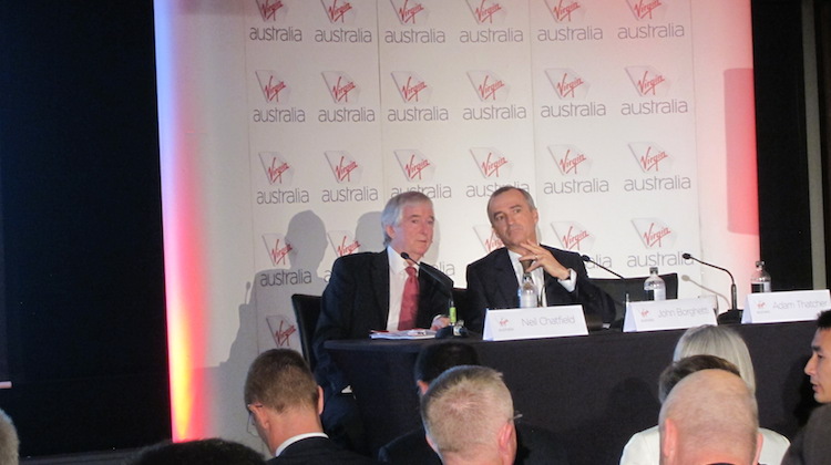 Virgin Australia chairman Neil Chatfield and chief executive John Borghetti at the 2014 AGM.