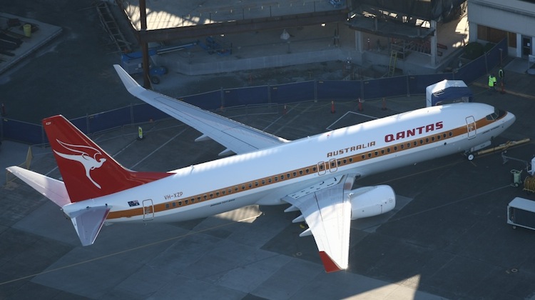 Qantas's 737 retrojet at Boeing Field on Sunday. (Gerard Frawley)