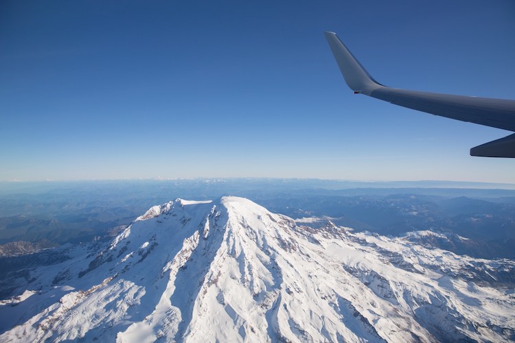Flying over Mount Rainier.
