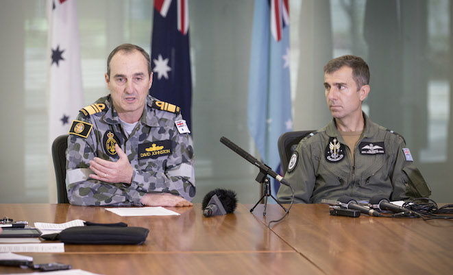 The Chief of Joint Operations, Vice Admiral David Johnston accompanied by Director General Air Operations, Air Commodore Vincent Iervasi presenting an update on Australian operations in Iraq. (Defence)