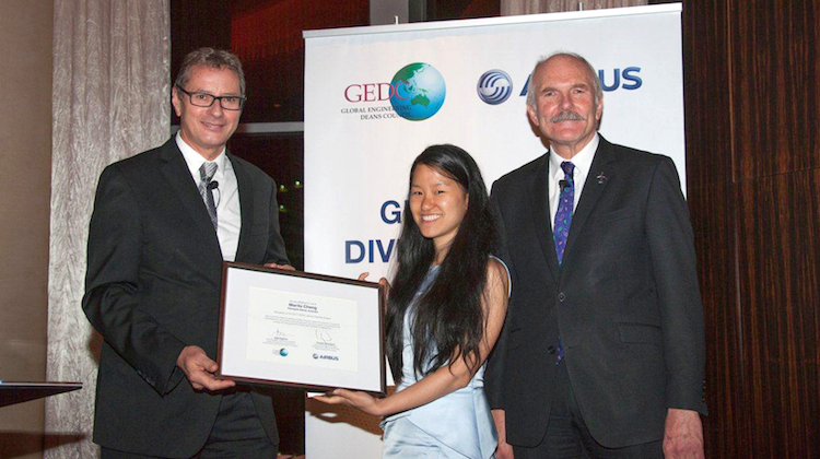 Marita Cheng with Charles Champion from Airbus (left) and GEDC chairman John Beynon. (Airbus)