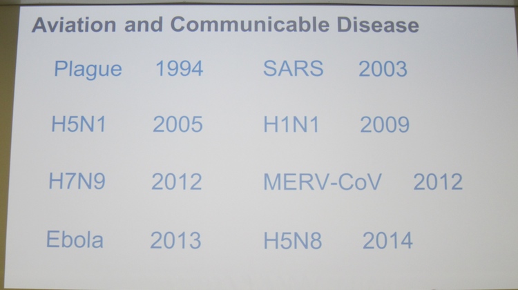 A slide from Dr Thibeault showing the diseases the aviation industry has faced.