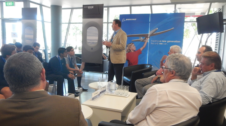 Boeing's David Wright speaks with students at the Brisbane campus visit. (Boeing)