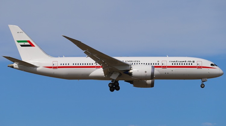 Boeing 787-8 from Abu Dhabi Amiri Flight, A6-PFC, at Melbourne Airport on February 15. (Victor Pody)