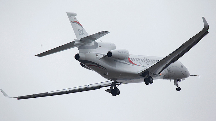 The Falcon 8X in the air during the first flight. (Dassault Aviation) 