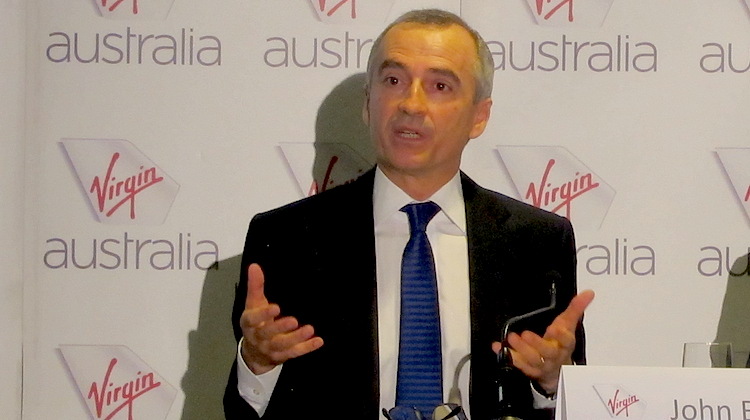 John Borghetti speaking at Virgin's first half results presentation in Sydney. 