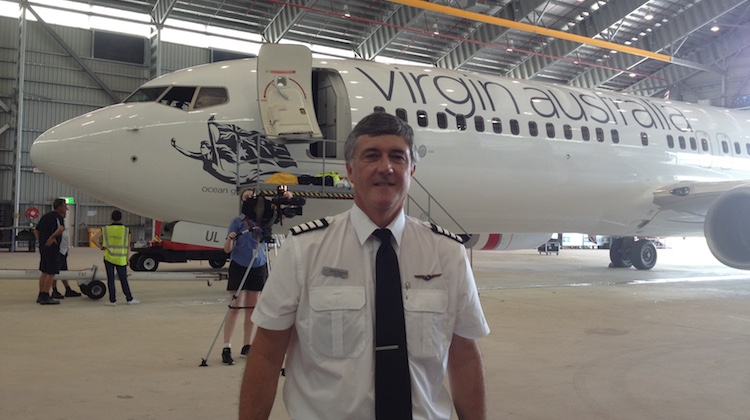 Virgin Australia pilot Captain Brett Rosewall, who collected VH-VUL from the Flying Colours hangar after it was repainted. (Virgin Australia/Brett Rosewall)